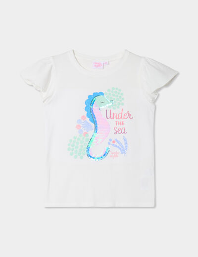 T-shirt sequins manches courtes coton ivoire fille