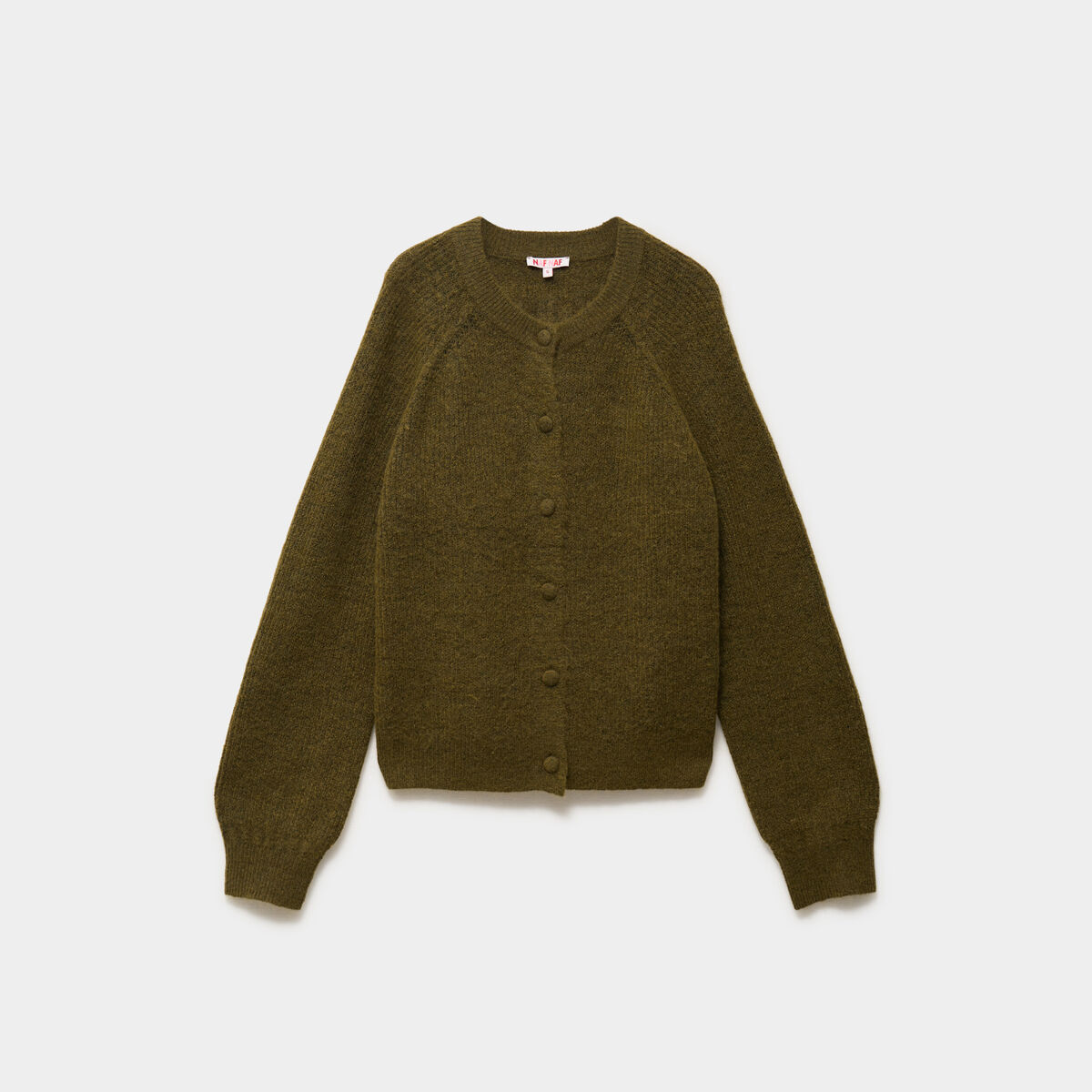 Gilet cardigan col rond boutonn&eacute; vert olive femme