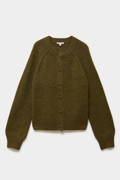 Gilet cardigan col rond boutonn&eacute; vert olive femme