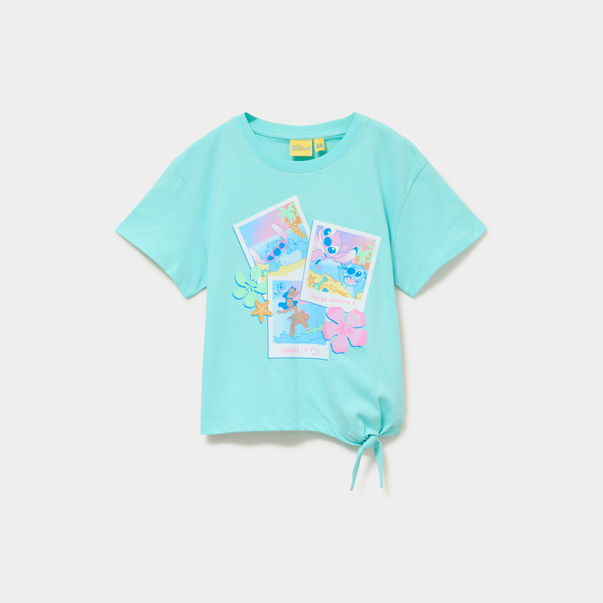 T-shirt nou&eacute; col rond coton Stitch bleu turquoise fille