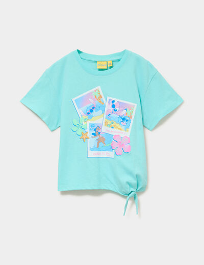 T-shirt nou&eacute; col rond coton Stitch bleu turquoise fille