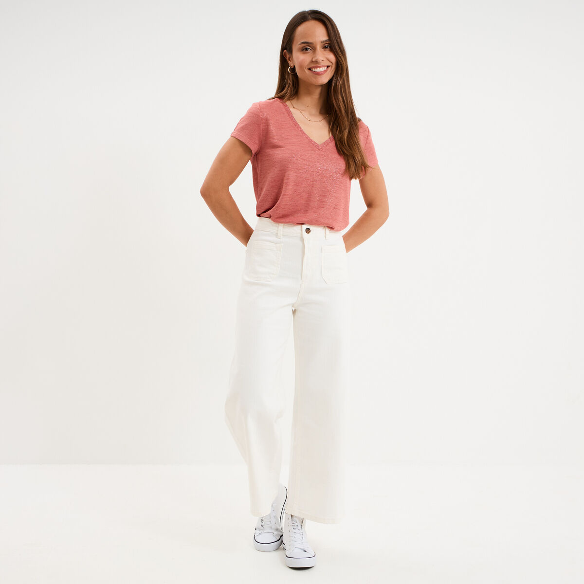 Jean large cropped poches plaqu&eacute;es coton ivoire femme