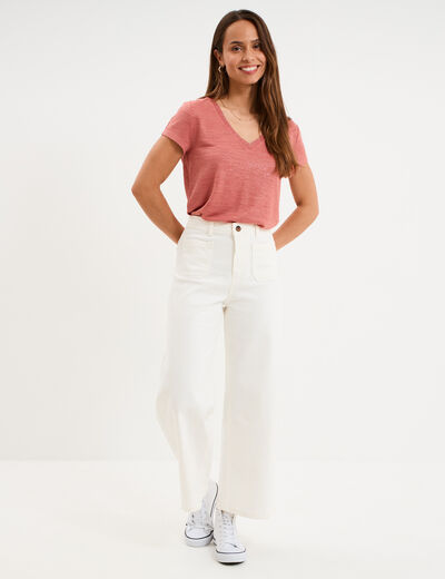 Jean large cropped poches plaqu&eacute;es coton ivoire femme