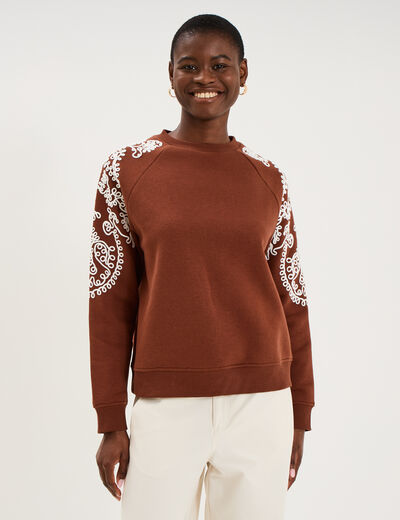 Sweat manches brod&eacute;es col rond marron fonc&eacute; femme