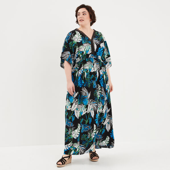Robe longue droite fluide taille smockée noir femme grande taille