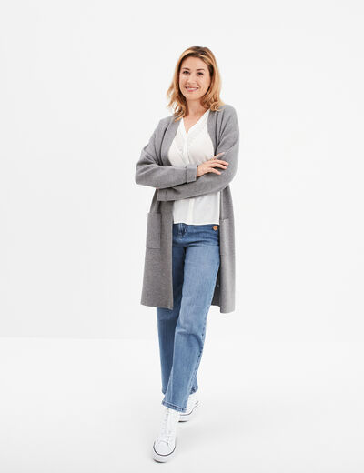 Gilet long manches longues 2 poches gris femme