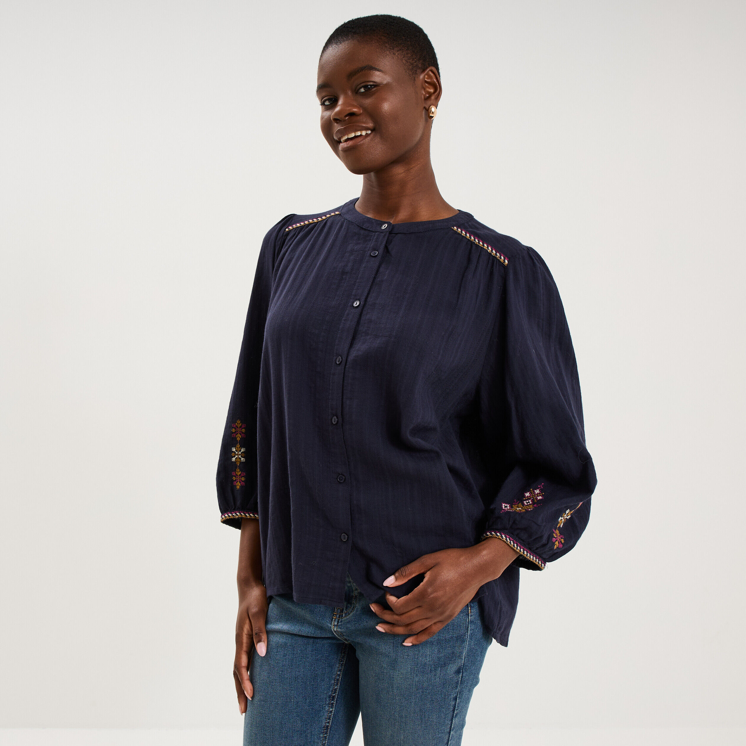 Blouse brodée oversize manches 3/4 bleu foncé femme CREEKS