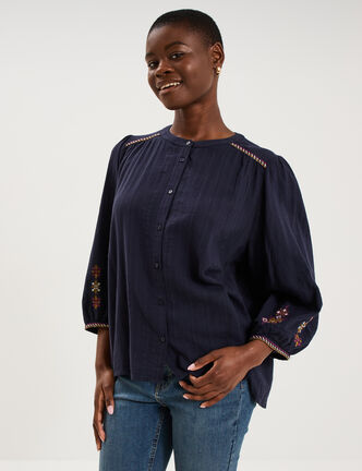 Blouse brod&eacute;e oversize manches 3/4 bleu fonc&eacute; femme