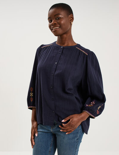 Blouse brod&eacute;e oversize manches 3/4 bleu fonc&eacute; femme