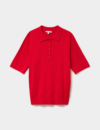 Pull col polo manches courtes rouge femme