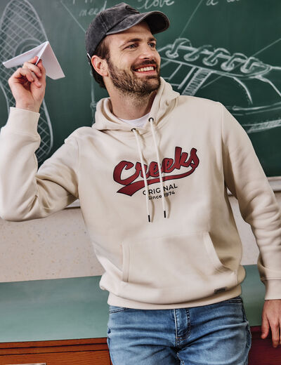 Sweat hoodie &agrave; capuche molleton 1 poche ecru homme