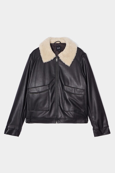 Veste simili cuir col aviateur noir femme