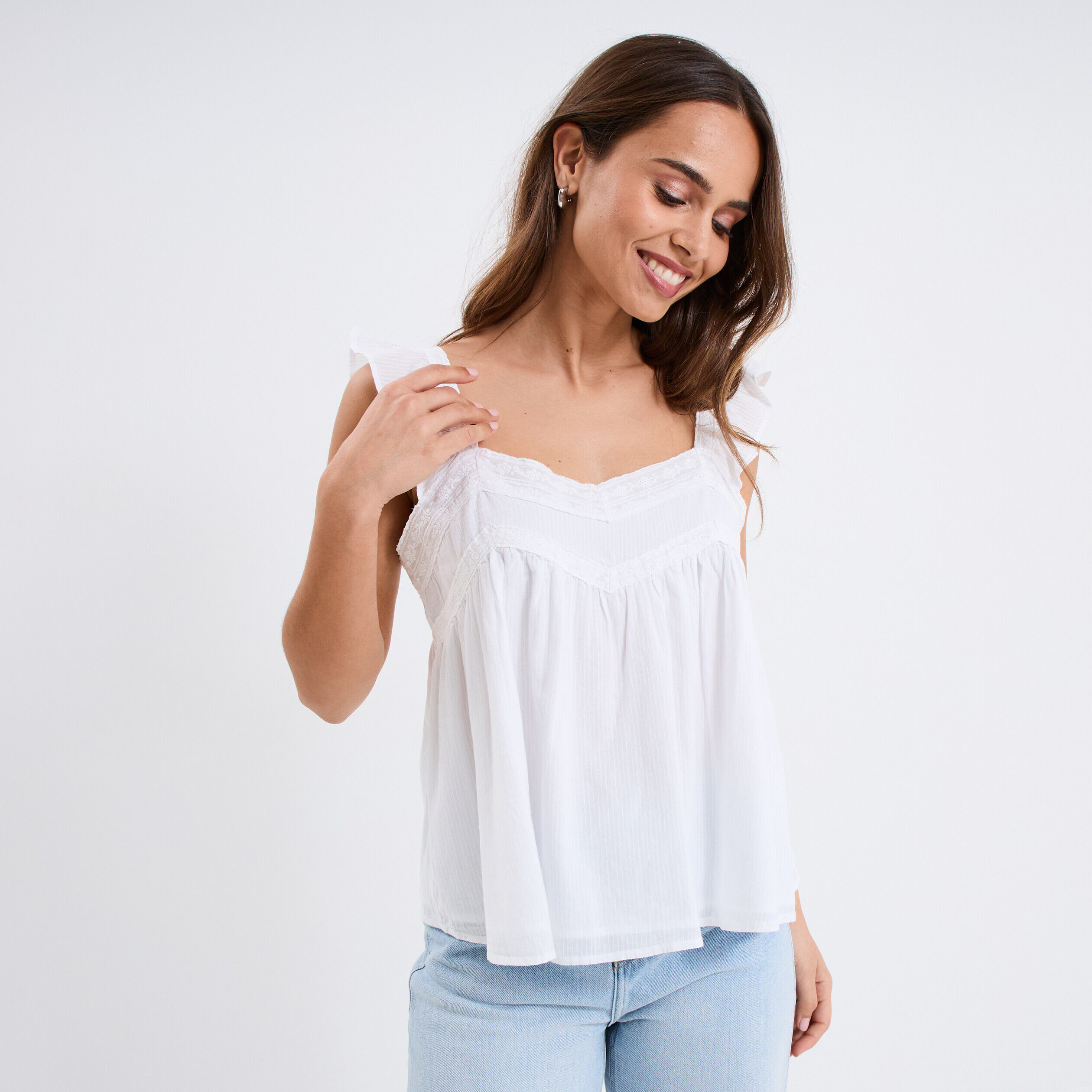 Blouse bretelles à volants coton blanc femme LH
