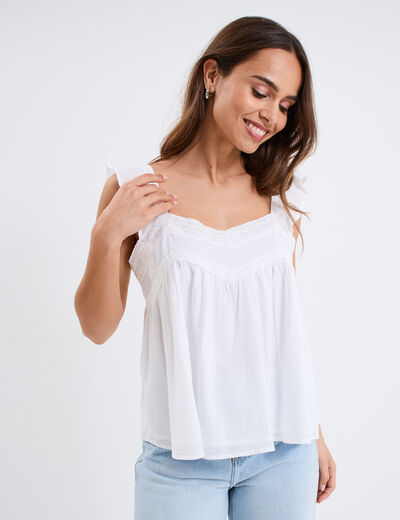 Blouse bretelles à volants coton blanc femme
