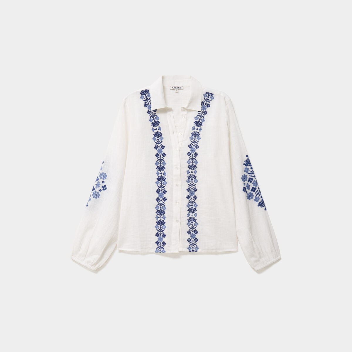 Blouse brod&eacute;e manches longues coton ecru femme