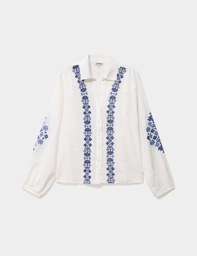 Blouse brod&eacute;e manches longues coton ecru femme