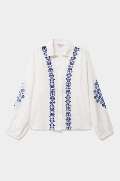 Blouse brod&eacute;e manches longues coton ecru femme
