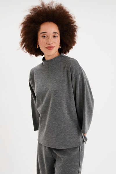 Top oversize col montant manches 3/4 gris fonc&eacute; femme