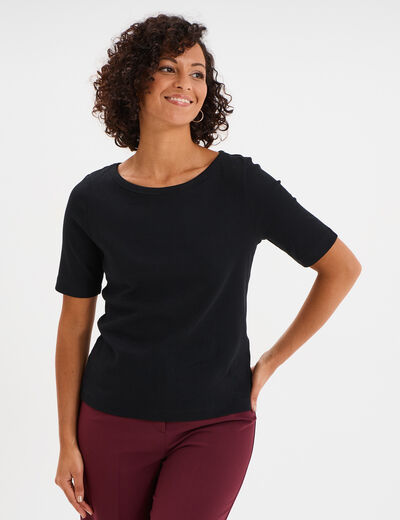 T-shirt col rond manches courtes coton noir femme