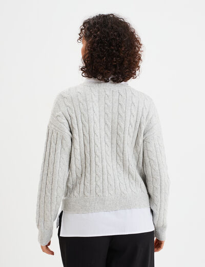 Pull torsades effet 2-en-1 chemise gris clair femme