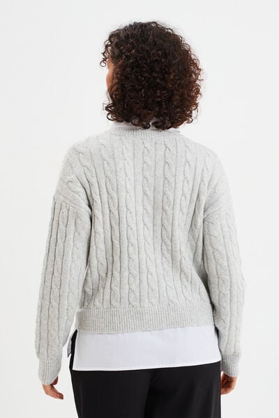 Pull torsades effet 2-en-1 chemise gris clair femme