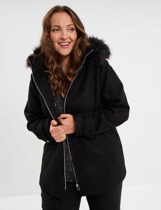 Manteau zipp&eacute; &agrave; capuche fausse fourrure noir femme grande taille