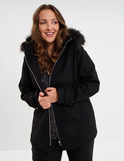 Manteau zipp&eacute; &agrave; capuche fausse fourrure noir femme grande taille