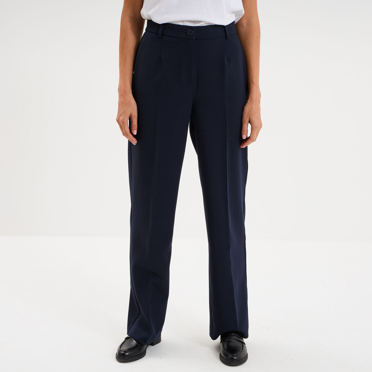 Pantalon taille haute droit avec pinces bleu fonc&eacute; femme