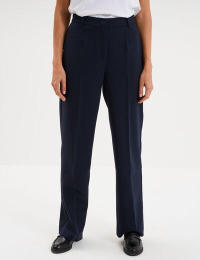 Pantalon taille haute droit avec pinces bleu fonc&eacute; femme