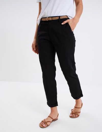 Pantalon chino 7/8ème ceinture tressée noir femme