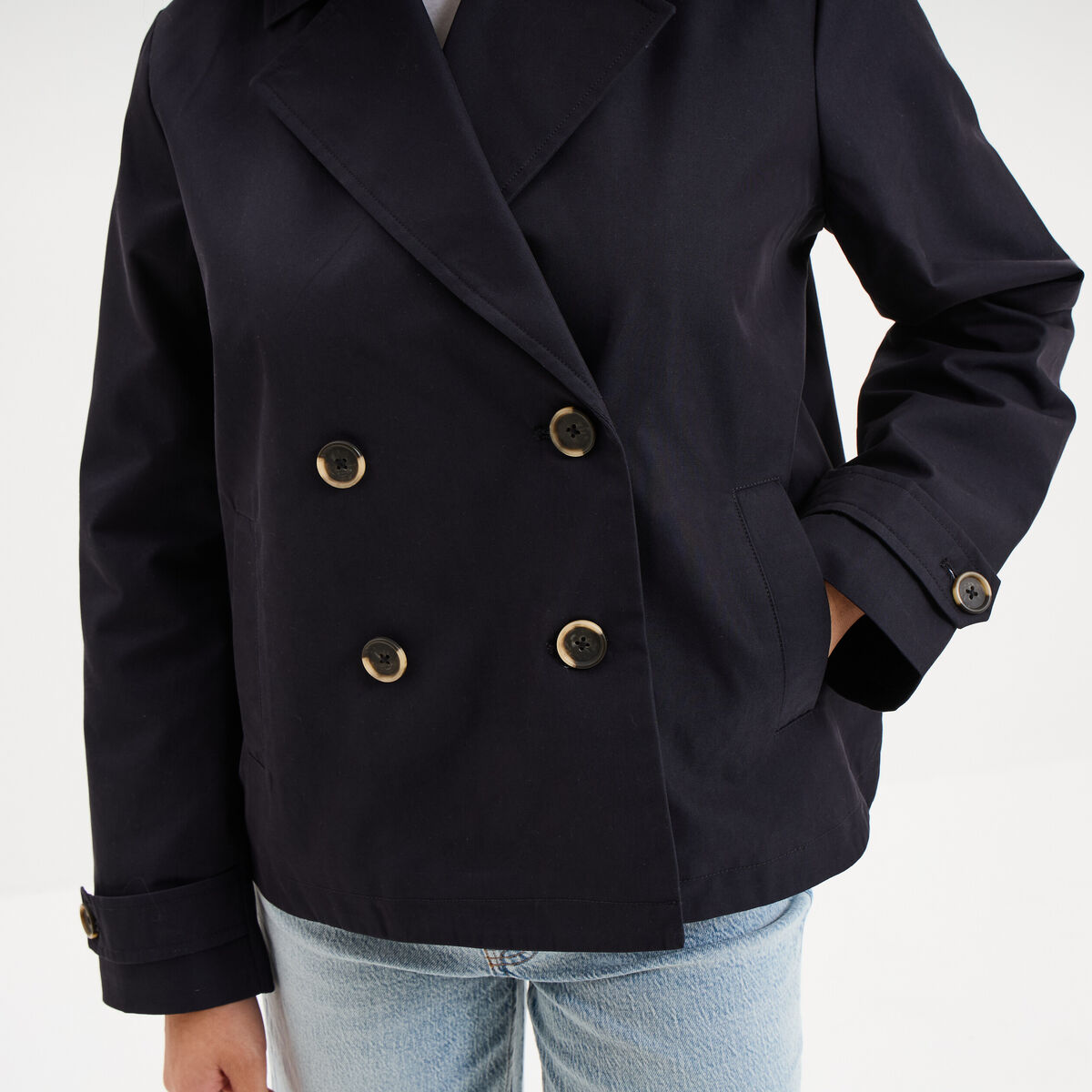 Trench court double boutonnage bleu fonc&eacute; femme