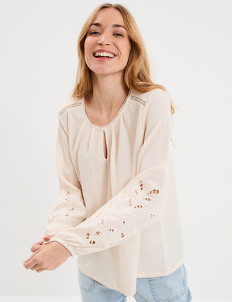 Blouse manches brod&eacute;es ajour&eacute;es coton beige femme