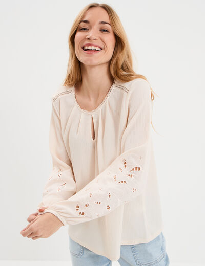 Blouse manches brod&eacute;es ajour&eacute;es coton beige femme