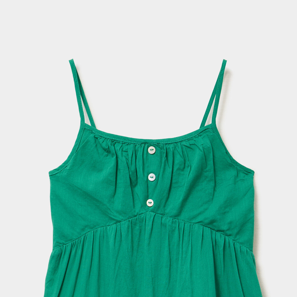 Robe longue &agrave; volants et bretelles coton vert canard fille