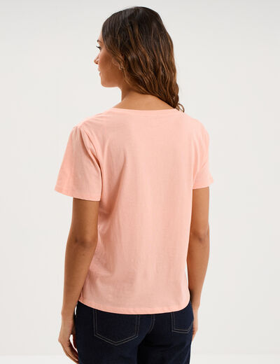T-shirt manches courtes col en V coton rose poudr&eacute;e femme