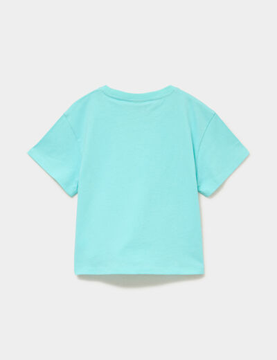 T-shirt nou&eacute; col rond coton Stitch bleu turquoise fille
