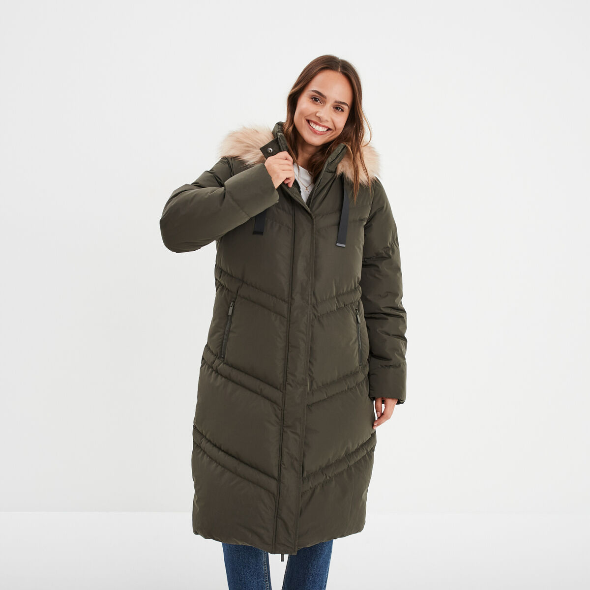 Doudoune longue à capuche fourrée vert kaki femme