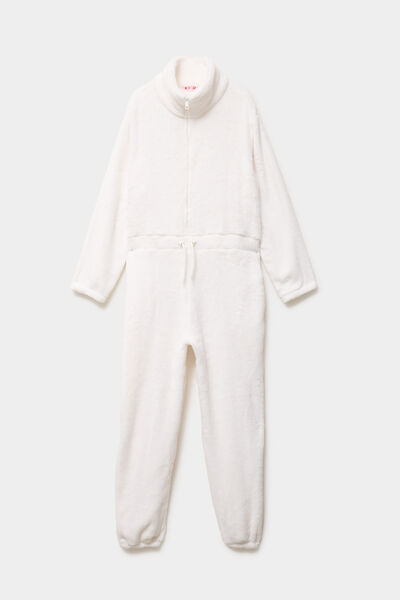 Combinaison polaire zipp&eacute;e &agrave; capuche blanc femme