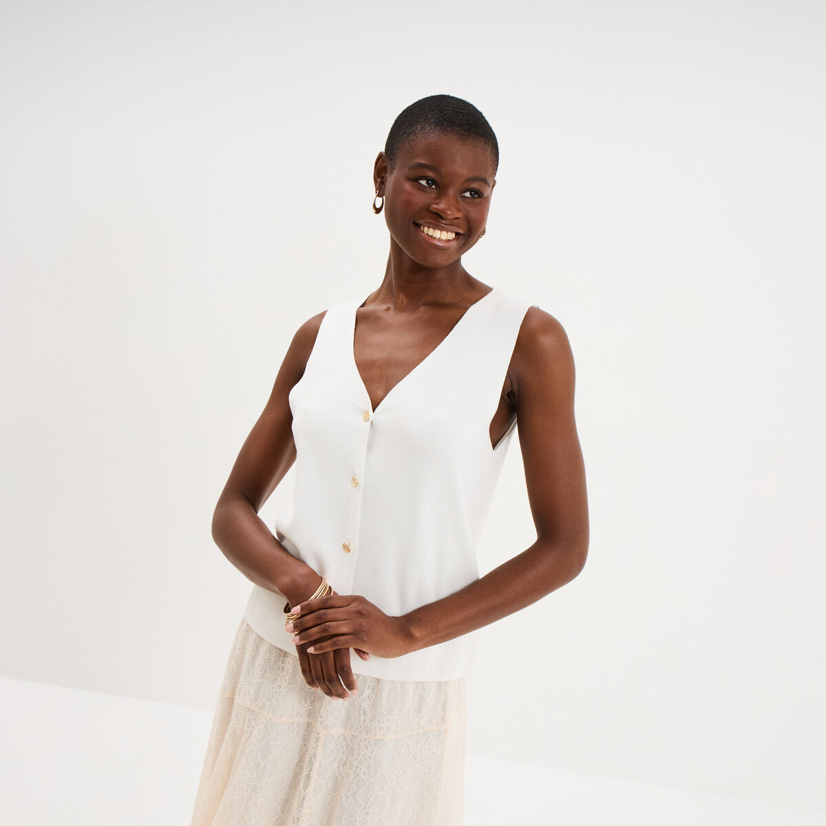 Gilet sans manches col en V blanc femme