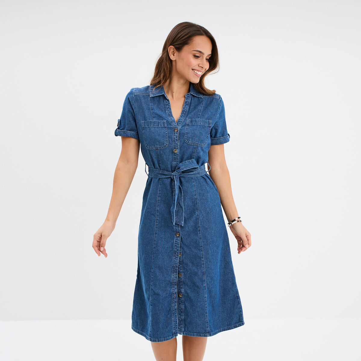 Robe midi en jean ceinturée coton denim double stone femme