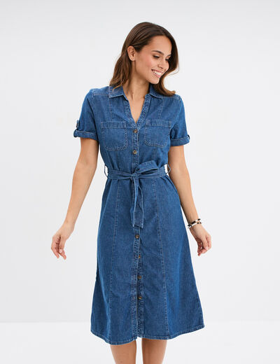 Robe midi en jean ceinturée coton denim double stone femme