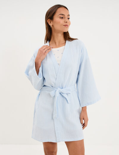 Peignoir court ceintur&eacute; gaze de coton bleu ciel femme