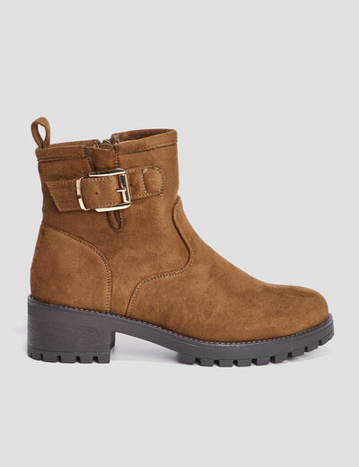 Bottines ranger crantées avec boucles marron femme