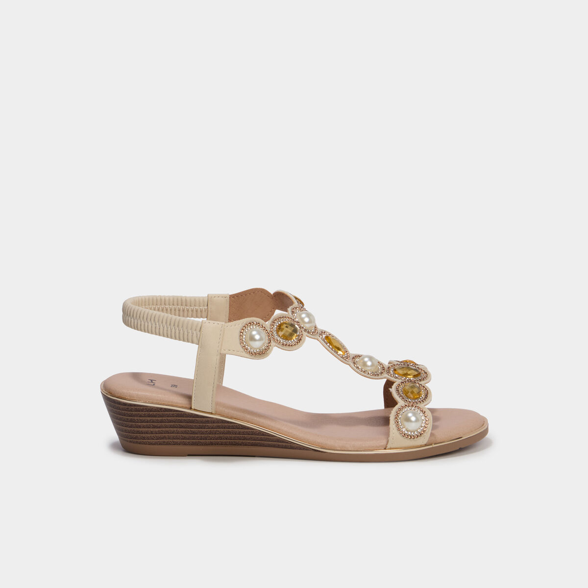 Sandales compens&eacute;es d&eacute;tails bijoux blanc femme