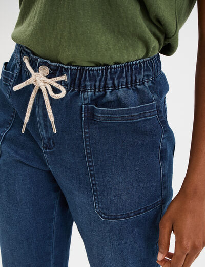 Jeans droit cropped taille &eacute;lastiqu&eacute;e bleu femme