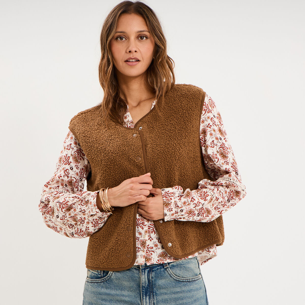 Veste sans manches effet polaire vert kaki femme
