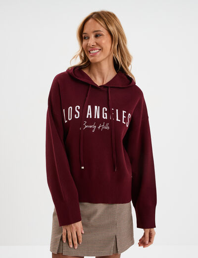 Pull à capuche manches longues bordeaux femme