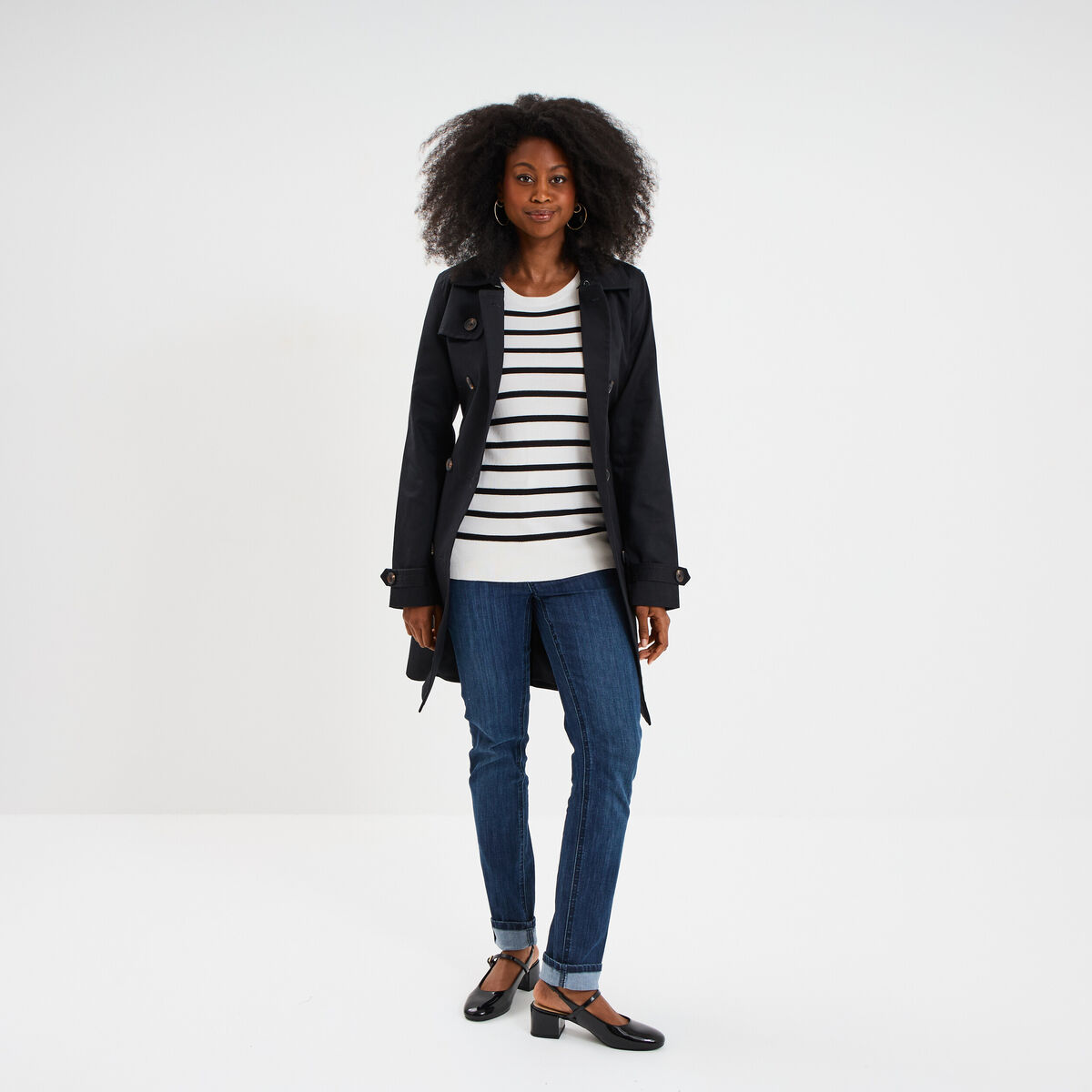 Trench mi-long ceinturé noir femme