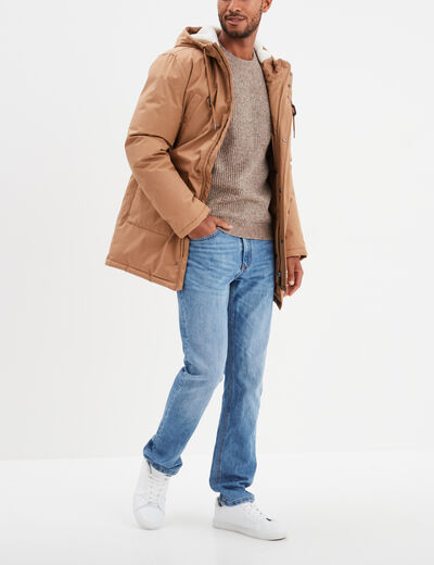 Parka mi-longue doublée à capuche taupe homme