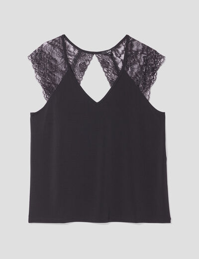 T-shirt col en V dos dentelle noir femme